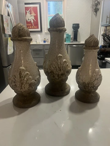 Unique Set Stone/Pottery Graduated Garden Statues Neoclassical Flames Shells 16” Cover