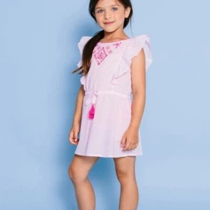 Floatimini kids beach wear Embroidered Side Ruffle Cover-up Dress, pink Sz 4 - Picture 1 of 11