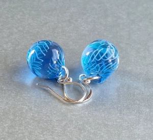 Handmade Glossy Transparent Murano Glass Light Blue Ball Earrings - Picture 1 of 4