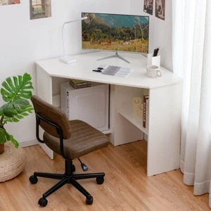 Corner Computer Desk with Management Hole & Shelves for Home Office (White) - Picture 1 of 3