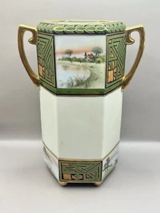Nippon Porcelain Hand Painted Two Handle Hexagonal Vase - Picture 1 of 3