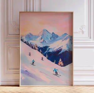 Póster retro rosa acuarela esquí montaña arte de pared impresión - Imagen 1 de 6