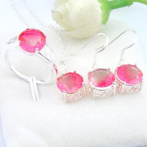 Newest Jewelry Set Round Pink Tourmaline Silver Earrings Necklace Ring 7 8 9 - Picture 1 of 13