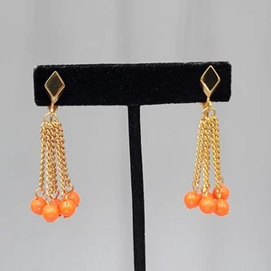 Vintage Celebrity Clip on Earrings Orange Bead Gold tone Dangle Chains 1.5" - Picture 1 of 8