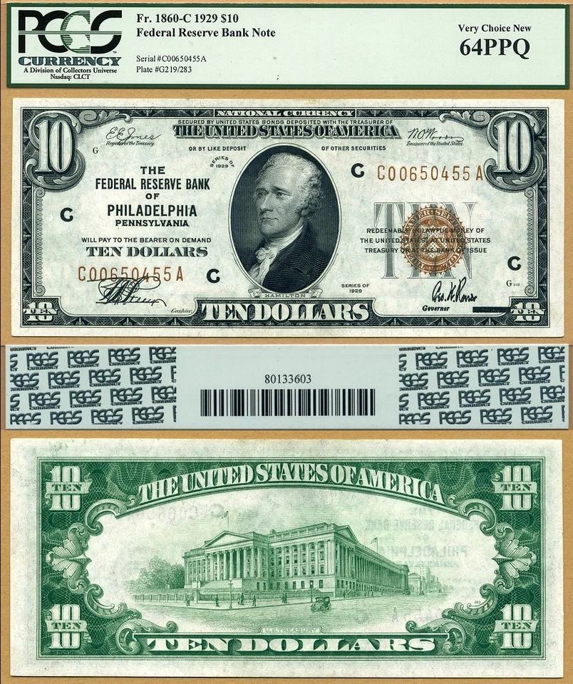 1929 $10 Federal Reserve Bank Note PCGS Graded CU64PPQ FR-1860-C Philadelphia PA - Image 1 of 1
