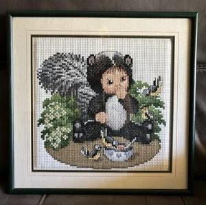 “SKUNK BABY”Completed 16”x16” Cross Stitched Framed Picture Animal Babies - Picture 1 of 5