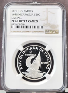 1988 NICARAGUA SILVER 50 CORDOBAS SAILBOAT NGC PF 69 ULTRA CAMEO RARE TOP POP - Picture 1 of 3