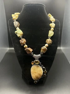 Sterling Silver 925 Citrine Smoky Quartz Druzy Pendent Natural Stone Necklace - Picture 1 of 24