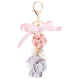  Mode Rose Blumen Schlüsselanhänger Schlüsselanhänger Perle Schleife Kette Quaste Schlüsselring Tasche