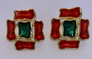 Vintage 1991 AVON Color Splash goldfarben rot & grün Clip On Ohrringe wunderschön - Bild 1 von 3