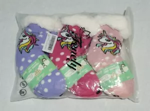 3 Pairs Fenely Kids Girls Slipper Socks Unicorn Sherpa Lined Thermal Non Skid - Picture 1 of 12