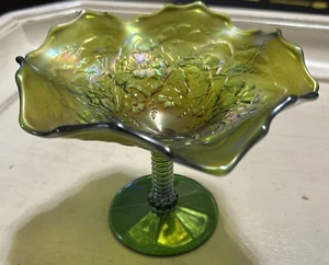 Northwood, Green, Blossomtime, Carnival Glass Compote - Picture 1 of 8