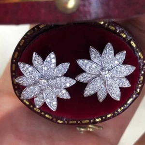 925 Sterling Silver 2 Ct Lab Created Diamond Flower Stud Earrings Gift for Her - Picture 1 of 12