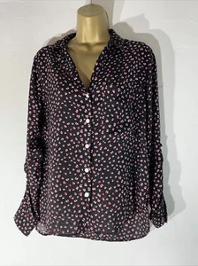 womens Next Petite Uk 12 Black Red Pattern Long Roll Tab Sleeve Shirt blouse - Picture 1 of 6