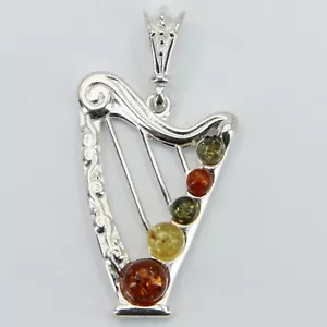 Natural Multi-Color BALTIC AMBER Harp Pendant 925 STERLING SILVER #6413 - Picture 1 of 3