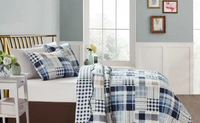 Retazos de cuadros y rayas azules, juego de edredón doble, reversible, para todas las estaciones Foto 1 de 4