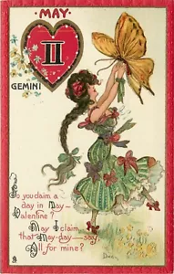 Tuck Zodiac Valentine Postcard 128 A/S Dwig May Gemini Girl & Butterfly - Picture 1 of 2
