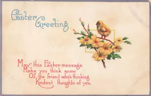 Poema de saludos de Pascua, pollito bebé y flores de narciso amarillo, postal vintage - Imagen 1 de 2