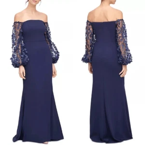 ELIZA J Dress Sz 4 Navy OFF SHOULDER 3D Floral Sleeve CREPE GOWN w train NWOT - Picture 1 of 12