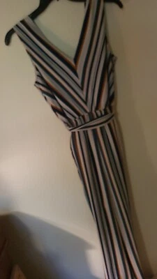Maurices Womens Long Romper Sz S Striped Blue green Tan V Neck Pantsuit Sleevele - Image 1 of 4