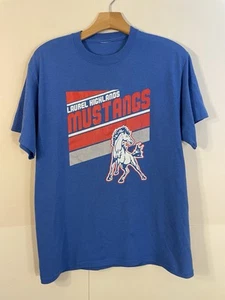 Vintage Laurel Highlands Mustangs T-Shirt Horse Graphic Tee Thin Blue 80s Large - Picture 1 of 5