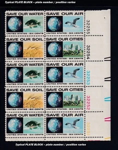 1970 Stop Pollution Sc 1413a setenant plate block of 10 MNH OG - Typical - Picture 1 of 1
