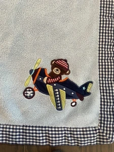 LAMBS & IVY Embroidered Plane Airplane Plush Baby Crib Blanket Bear Aviator Blue - Picture 1 of 4