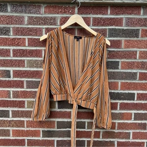 Anthropologie Tan Black Striped Cold Shoulder Cold Sleeve Plunge Blouse Top - Picture 1 of 6