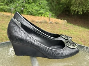 Tory Burch Sally Size 11 Black Leather /Silver Logo Wedge Peep Toes Heel Shoes - Picture 1 of 12
