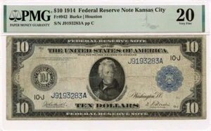1914 $10 Federal Reserve Note Kansas City KS Fr# 942 PMG VF20 - Picture 1 of 2