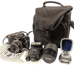Nikon FM 35mm Camera 2 Lenses Flash Light Meter and Case - Picture 1 of 18