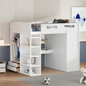Full Size Solid Wood Loft Bed w/Desk,Wardrobes,4 Drawers & Storage Shelves-White - Picture 1 of 23