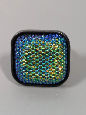Blue Green Peacock Faux Druzy Acrylic Square Stretch Black Band Ring Size 6.5 - Image 1 of 4