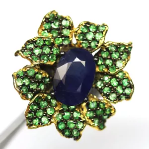 925 Plata de Ley 10 x 15 Mm. Zafiro Azul Y Tsavorite Granate Anillo Tamaño 7.75 - Imagen 1 de 4