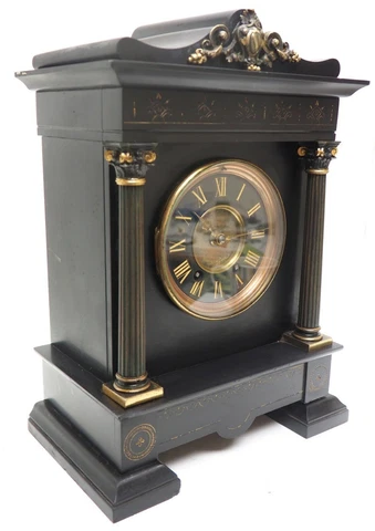 Antique French Original Slate Mantel Clock Victorian Gilt Ormolu 19th 39cm Cover