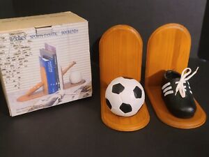 Wooden Wood "Sports Fanatic" Soccer Bookends - Ball and Cleat In Box