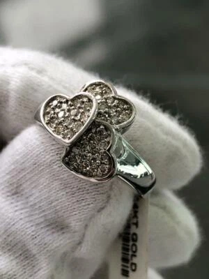 14k Oro Bianco Originale Diamante Taglio Rotondo a Pavé Tre Cuori Anello Design - Immagine 1 di 4