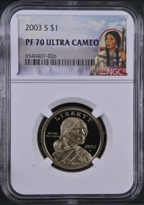 :2003-S $1 SACAGAWEA NATIVE AMERICAN NGC PF70 UC RARE R-2 TOP POP HIGHEST-GRADES - Image 1 of 2