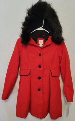 Abrigo de invierno para niñas rojo con piel negra como capucha recortada, Buttondown 10/12 Foto 1 de 4