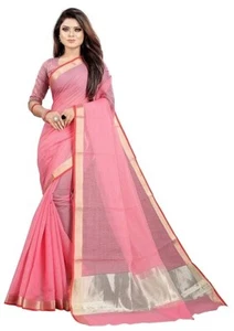 Indian Mode Damen Einfarbig Gewebe Eingefasst Baumwollmischung Saree Mit Bluse - Bild 1 von 3