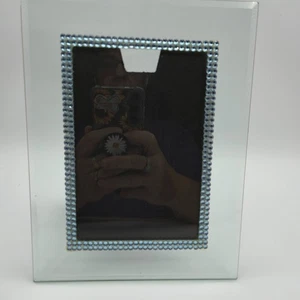 Blue Rhinestone Stand Up Picture Frame Clear Beveled Glass 4"x6" Elegant Display - Picture 1 of 12