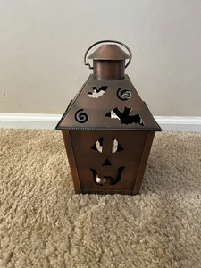 Halloween Windlicht Teelichthalter Metall bronzefarben Kürbis Fledermäuse - Bild 1 von 8