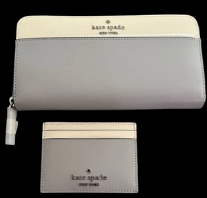 Kate Spade Cremallera Tamaño Completo Cartera Tarjetero Paquete Platino Gris Marfil $328 Nuevo - Imagen 1 de 14