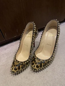5.5US Christian Louboutin Spikes Patent Leopard Pumps Brown From Japan - Picture 1 of 4
