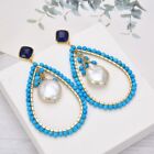 White Coin Pearl Teardrop Blue Turquoise Blue Sodalite Dangle Stud Lady Earrings