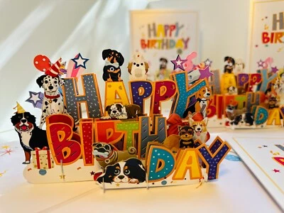 Tarjetas Pop Origami Feliz Cumpleaños Fiesta Perrito con Regalos 3D Pop Up Saludo Foto 1 de 4