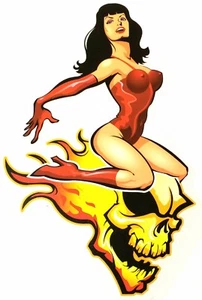 ROCKABILLY PinUp Queen Bettie Vinyl Page Stickers Flaming Skull Decals - Picture 1 of 1