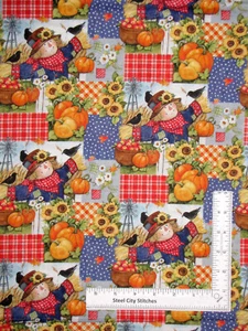 Autumn Fall Harvest Fabric Scarecrow Sunflower Patch Cotton CP77722 By Yard - Picture 1 of 2