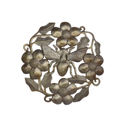 Handcrafted Haitian Metal Art, 3D Bee with Flowers, Uniquely Crafted Wall Decor - Image 1 of 4