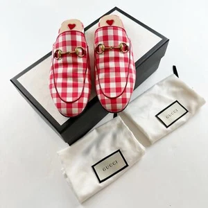 Gucci Princetown Mule rosso bianco a quadri oro Horsebit Vichy a scacchi taglia 37 - Foto 1 di 14